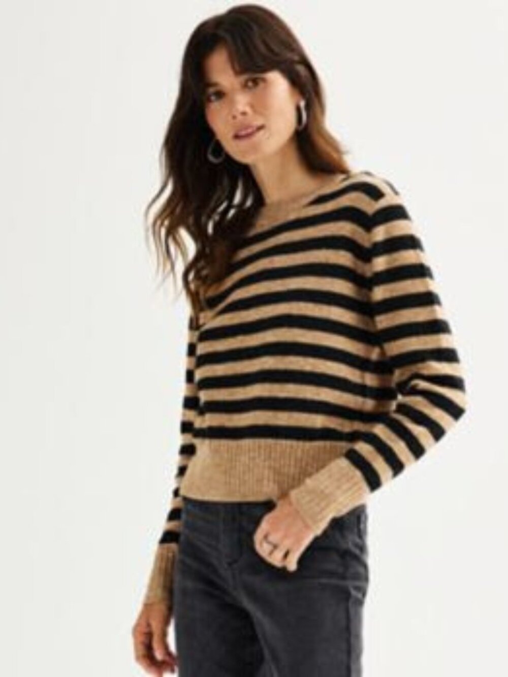 Striped Tan/Black cropped crew neck sweater - Petite Small